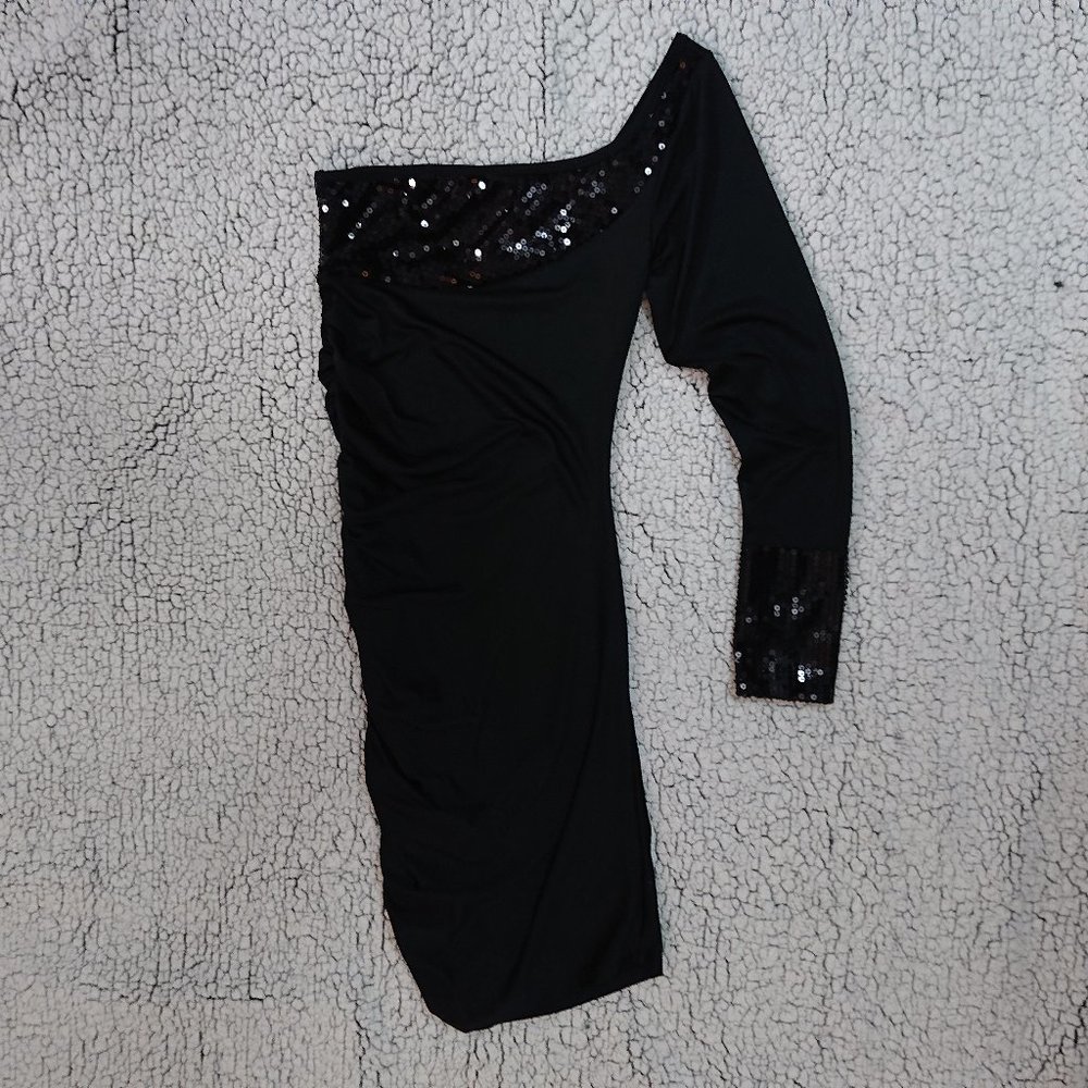 Espiral Lingerie One Shoulder Rouched Black Mini Dress with Sequins Size Small